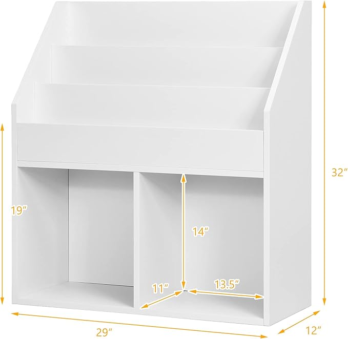 Costzon Kids Bookshelf, Wooden Toy Storage Cabinet Organizer w/Shelves, 2 Large Cubes & Anti-Tipping Devices, Children Bookcase Display Sling Book Rack for Kids Room, Nursery, Kindergarten (White)-NeatNest