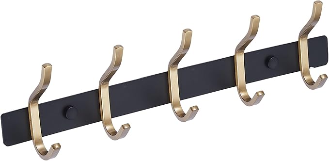 AZW Coat Rack Wall Mount,Heavy Duty Stainless Steel Metal Coat Hooks Hanging for Robes Bags Keys Hat Clothes and Bathroom Door Towels Hanger(Black and Gold 5 Hooks)-NeatNest