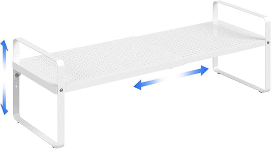 Expandable Cabinet Shelf Organizer Adjustable Metal Spice Rack Stackable Freestanding Counter Storage Shelves for Kitchen Cabinet Under Sink Office Desk (White - 1Pack - L16.5-27'' * W10.2'' * H9.6'')-NeatNest