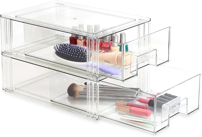 Isaac Jacobs Medium Stackable Organizer Drawer (12.5” x 8.3” x 4.1”), Clear Plastic Storage Box, Pull-Out Bin, Home, Office, Closet & Shoe Organization, BPA-Free, Food/Fridge/Freezer Safe (Medium)