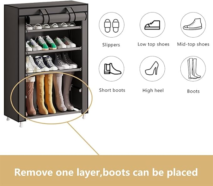 Calmootey 5 Tier Shoe Rack Organizer,Portable Shoe Shelf with Nonwoven Fabric Cover for Closet Hallway,Bedroom,Entryway,Grey-NeatNest