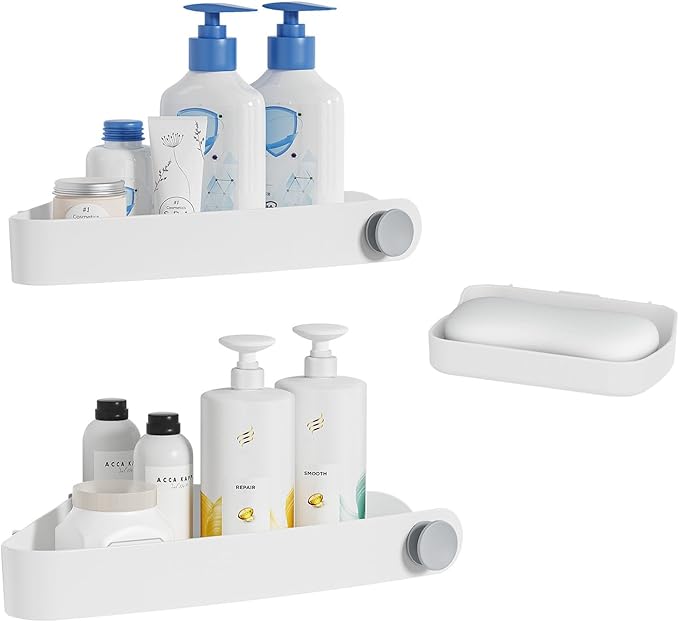 Sotfamily Shower Caddy Corner, Adhesive Corner Shower Shelves for Bathroom Organizers and Storage, Rust Free Plastic Rack for Bathroom Accessories & Decor, 2 Pack + Soap Dish, White