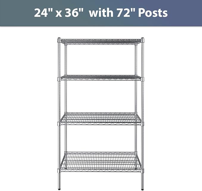 24" x 36" NSF Chrome 4-Shelf Kit with 72" Posts, Commercial Storage Rack Unit, Heavy Duty Storage Shelving, Wire Shelving Kit, Adjustable Rack Strong Steel, Multipurpose Wire Shelf