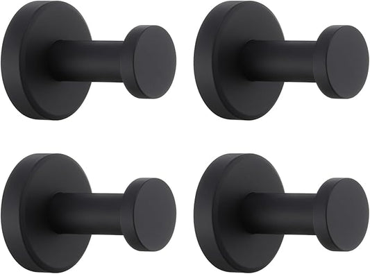 APLusee Matte Black Bath Robe Towel Hook 4 Pack, Stainless Steel Bathroom Coat Hook, Wall Mount