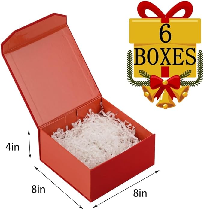 6 Pcs Small Red Gift Box 8x8x4 Inch Magnetic Gift Box Small Magnetic Box with Crinkle Paper Red Small Gift Box with Shredded Paper Luxury Gift Boxes with Lids for Presents-NeatNest