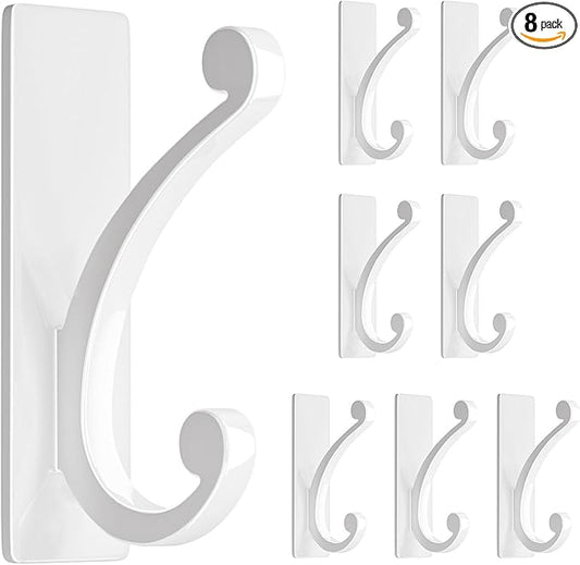 Adhesive Wall Hook for Towel/Coat - Extra Sticky 10LB Stainless, Stick on Hanger for Bath or Shower, White 8-Pack