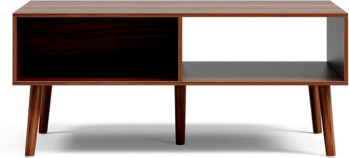 Coffee Table with Storage, Mid Century Dining Table with Sliding Fluted Door and Solid Wood Legs, Small Coffee Tables for Living Room, Walnut-NeatNest