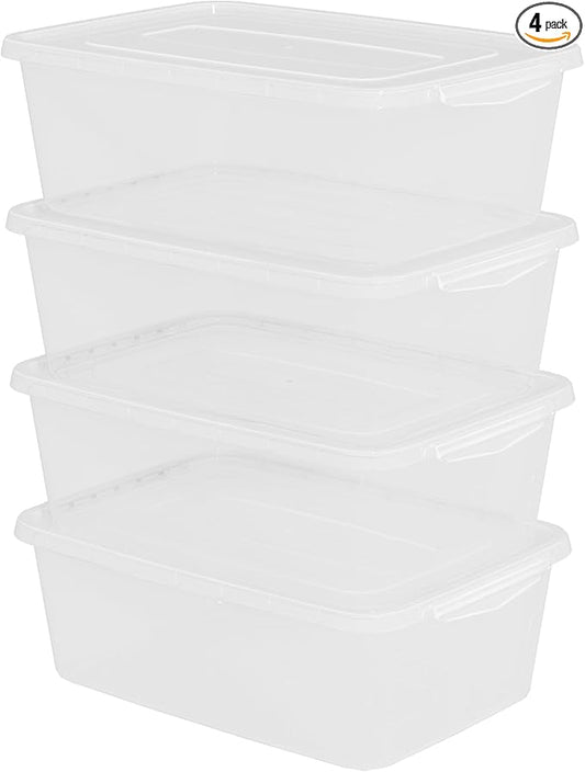4-Pack Plastic Storage Containers with Latch Covers, BPA Free Stackable Fridge Organizer Bins, 14 L, Clear