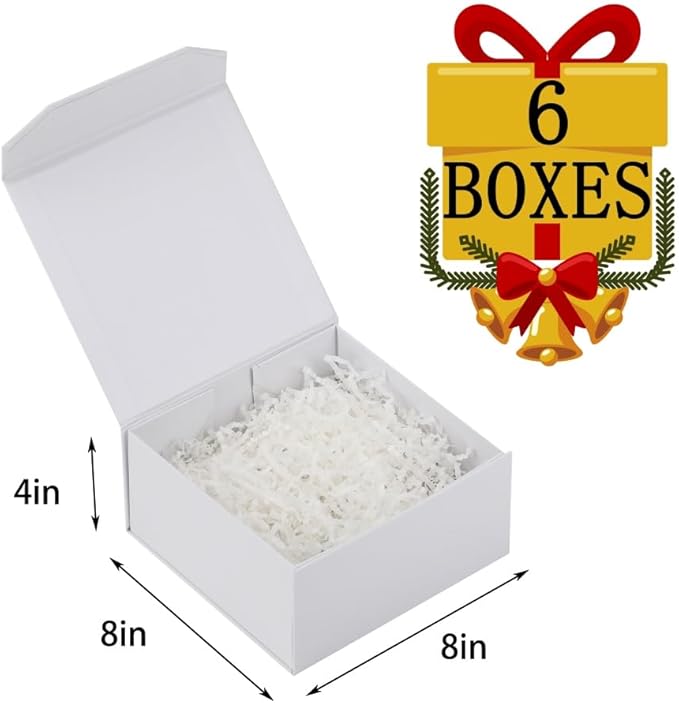 6 Pcs Small White Gift Box 8x8x4 Inch Magnetic Gift Box with Crinkle Paper Luxury Gift Boxes for Presents-NeatNest