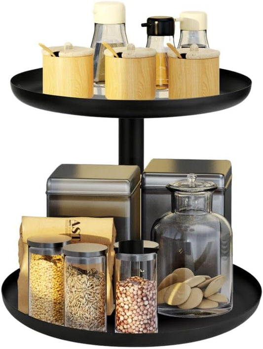 IBERG 2-Tier Metal Lazy Susan Organizer, Black, 9"&10" - Modern, Rotating Spice Organizer for Kitchen & Pantry