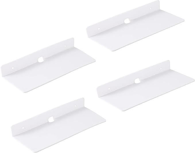 IEEK 9 Inch Acrylic Floating Shelves Set of 4,Small Wall Display Shelf for Bluetooth Speakers/Security Cameras/Nintendo Switch/Action Figures,Damage-Free Wall Shelves Stick-On Shelf,White-NeatNest