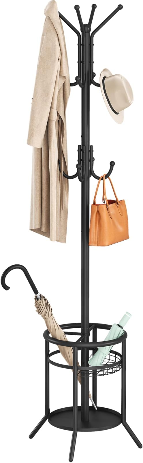 ELYKEN Coat Rack Freestanding, Metal Coat Rack Stand with Umbrella Holder, Modern Coat Tree with 12 Hooks, Floor Standing Corner Hall Tree for Entryway Living Room Bedroom Office, Black-NeatNest
