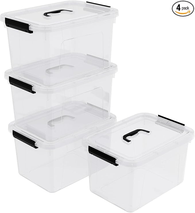 10.5 L Clear Latch Storage Bin with Lid, 4 Packs Plastic Organizing Box with Black Handle