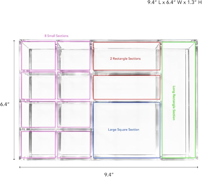 Isaac Jacobs 12-Compartment Clear Acrylic Drawer Organizer (9.4" L x 6.4" W x 1.3" H), Multi-Sectional Tray & Storage Solution for Makeup, School & Office Supplies, Bathroom, Kitchen-NeatNest