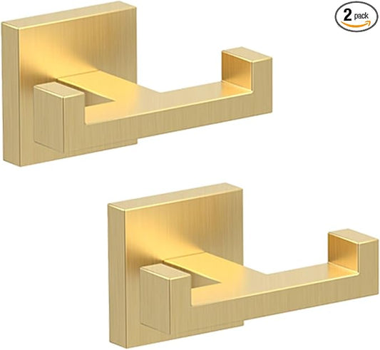 BOZWELL Double Towel Hooks for Bathroom Light Brushed Gold Wall Mount，2 Pack Modern Square Style Coat Robe Hook，Stainless Steel Heavy Duty Door Hanger for Bathroom Bedroom Kitchen Hotel Pool 1502-G-2-NeatNest