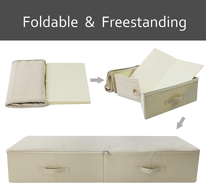 39.4" Ultra-Length Foldable & Washable Underbed Storage Organizer Containers for Clothing, Shoes, Bedding - Ideal for Bedroom, College Dorm (Black Gray), Beige-NeatNest