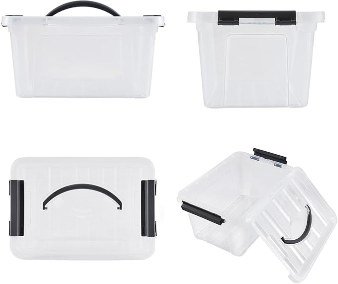 6 Quart Plastic Stackable Storage Latch Bins,Clear Latching Box with Handle and Lid,Pack of 6 (Black Handle)