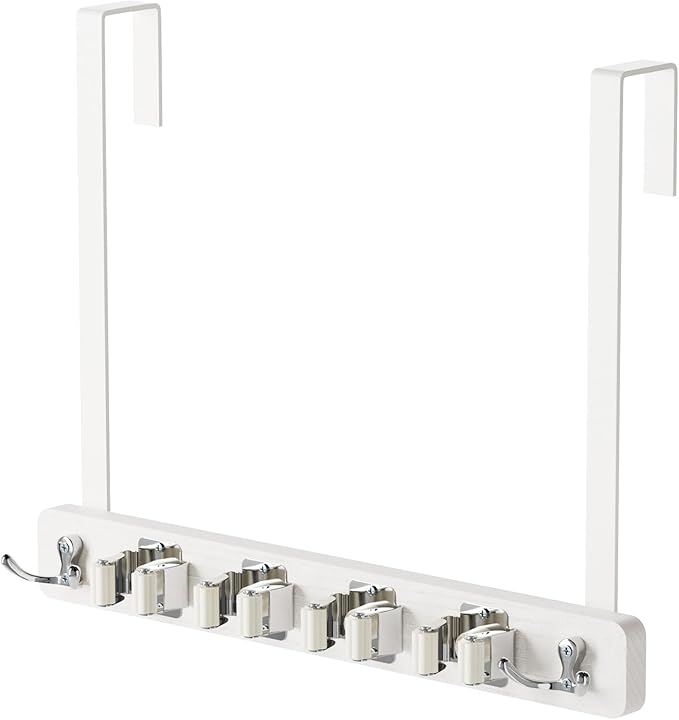 Mop and Broom Holder Wall Mount, No Drill Over the Door Broom and Mop Holder with 4 Slots and 2 Hooks, Wood Tool Hanger for Laundry, Cabinet, Kitchen, Garage