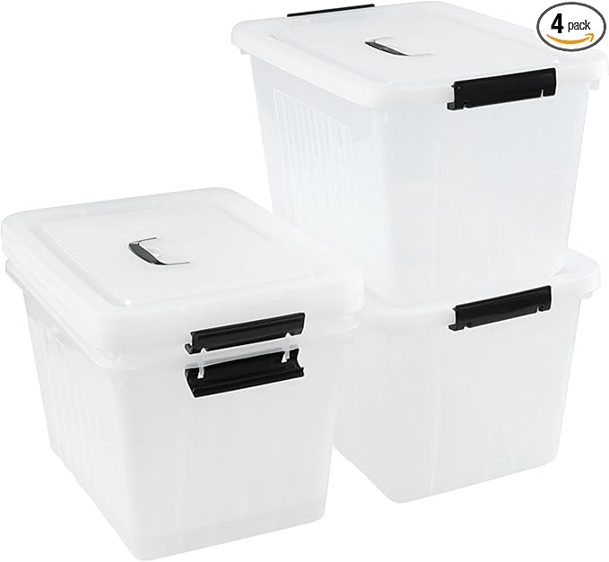 Bringer 4-Pack Clear Plastic Latching Storage Box, 18 L Storage Bin with Handle-NeatNest