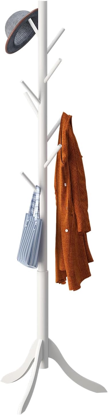 Coat Rack Freestanding, Coat Stands Entryway, Bamboo Coat Rack Hat Hanger 8 Hook for Jacket, Purse, Scarf Rack, Umbrella Tree Stand (White)-NeatNest