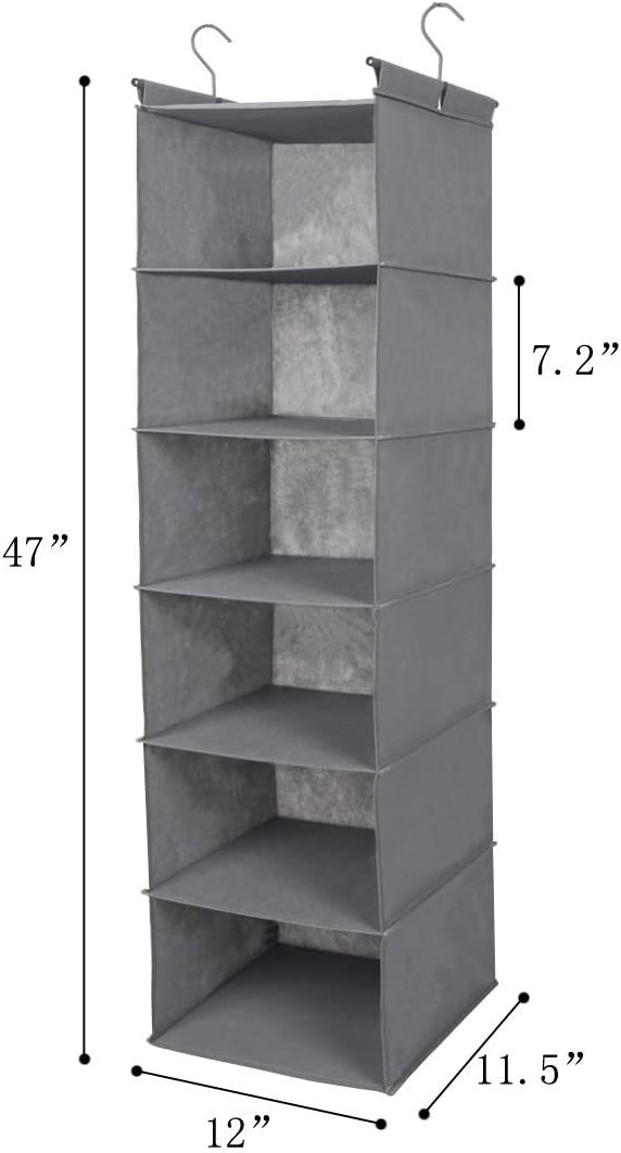 MAX Houser 6 Tier Shelf Hanging Closet Organizer, Closet Hanging Shelf with 2 Sturdy Hooks for Storage,2 Pack, Foldable (Grey)-NeatNest
