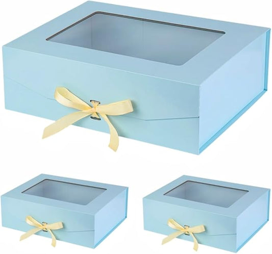 3 Pcs Blue Extra Large Gift Box for Presents with Ribbon 16.5x13x5.3 Inches Clear Gift Box with Window Magnetic Closure Gift Boxes with Lids-NeatNest