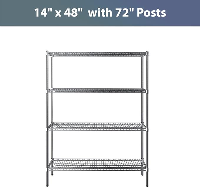 14" x 48" NSF Chrome 4-Shelf Kit with 72" Posts, Commercial Storage Rack Unit, Heavy Duty Storage Shelving, Wire Shelving Kit, Adjustable Rack Strong Steel, Multipurpose Wire Shelf