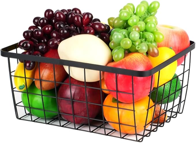Kitchen Metal Wire Baskets with Handles Food Storage Organizer, Household Refrigerator for Cabinets,Pantry,Bathroom,Black,4 Pack