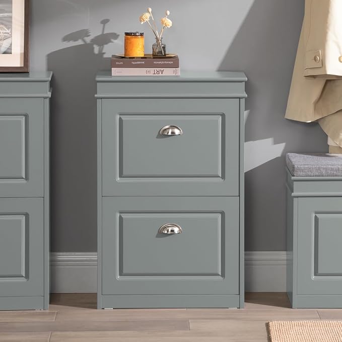 SoBuy Small Shoe Cabinet, Slim Shoe Rack 2 Flip-Drawers, Thin Shoe Storage Cupboard Organizer Unit for Entryway and Hallway, Grey FSR78-HG-NeatNest