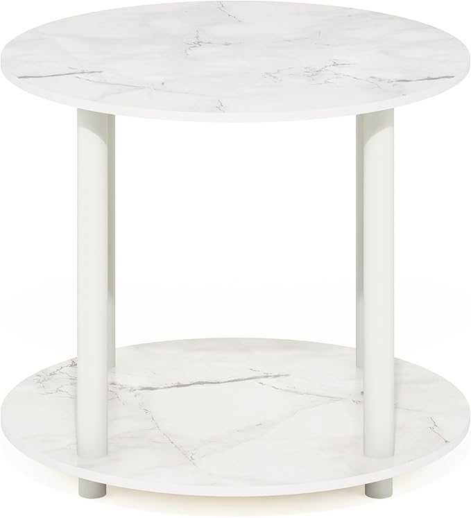 Furinno Turn-N-Tube Simple Design 2-Tier Round Wooden Small Coffee Table, Marble White-NeatNest