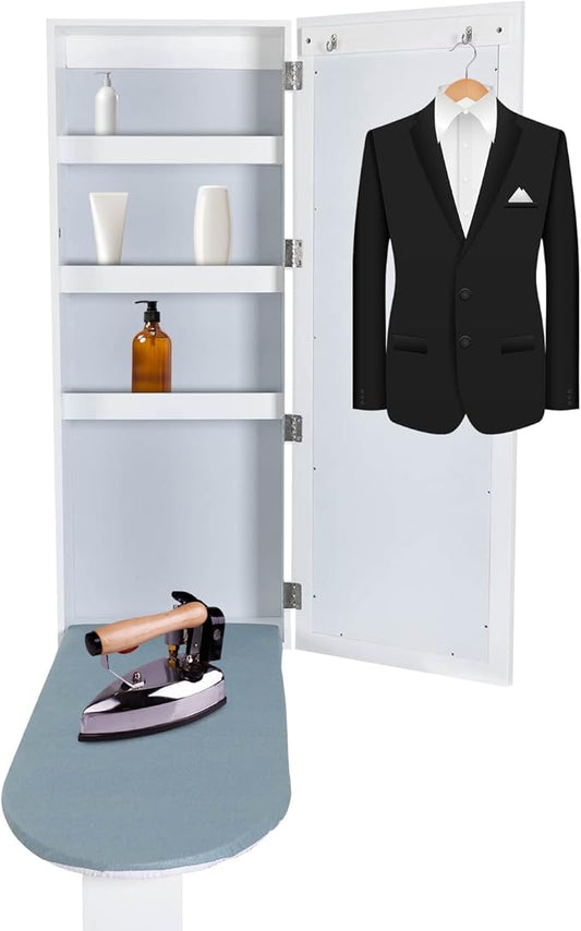 Wall-Mounted Ironing Board Cabinet, Ironing Board Holder with Mirror, Hidden Ironing Board, Ironing Board with Support Leg, Suitable for Home, Apartment
