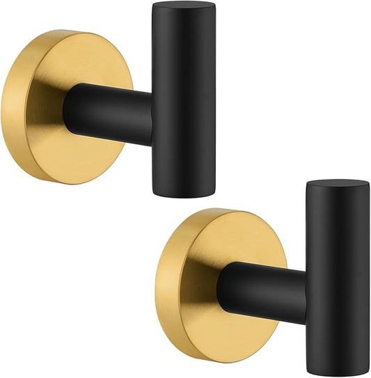 Angle Simple Black & Gold Towel Hook 2 PCS, Stainless Steel Bathroom Robe Holder, Round Coat Hand Towel Hanger, Wall Mounted