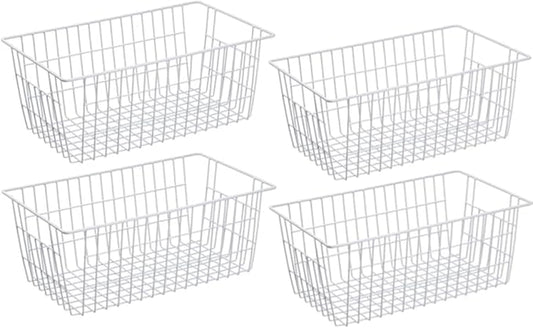 Freezer Wire Storage Organizer Bin Baskets with Handles, Metal Wire Baskets Storage for Organizing Fridge, Closets, Pantry, Kitchen, Garage, Bathroom, White - 4 Pack