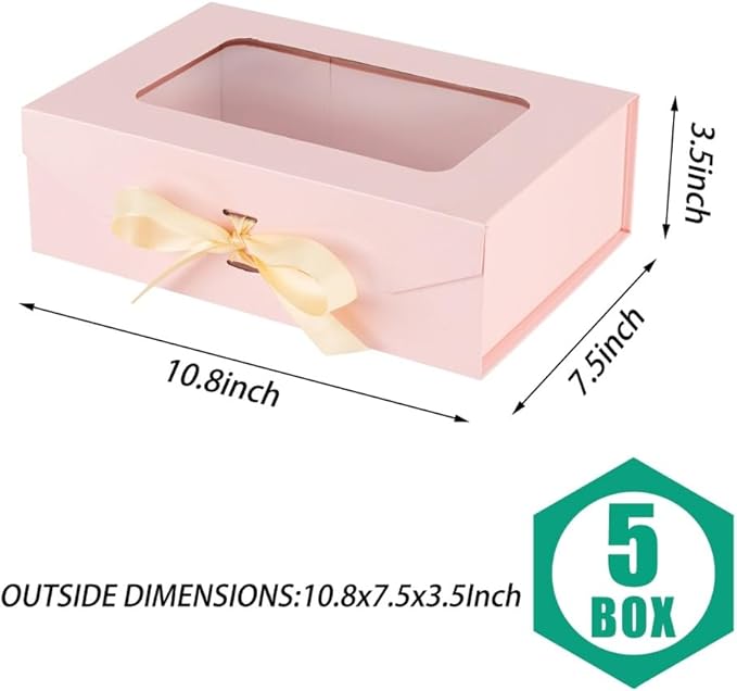 5 Pcs Pink Gift Box for Presents with Ribbon 10.8x7.5x3.5 Inches Clear Gift Box with Window Magnetic Closure Gift Boxes with Lids-NeatNest