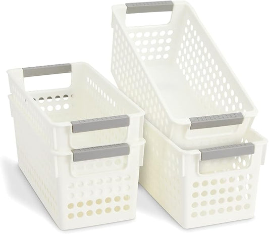 Farmlyn Creek Storage Baskets for Shelves - 4-Pack White Plastic Baskets w/ Gray Handles, 11.5 x 5.25 x 5 in - Narrow Shelf Bins & Closet Storage Bins for Bathroom, Nursery