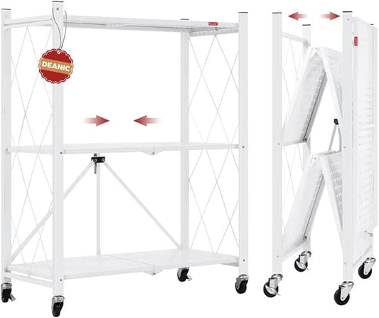 DEANIC 3 Tier Foldable Storage Shelves with Wheels, Kitchen Appliance Stand, Freestanding Metal Wire Shelf Rack, No Assembly Organizer Rolling Cart for Garage, Basement, Pantry(White)