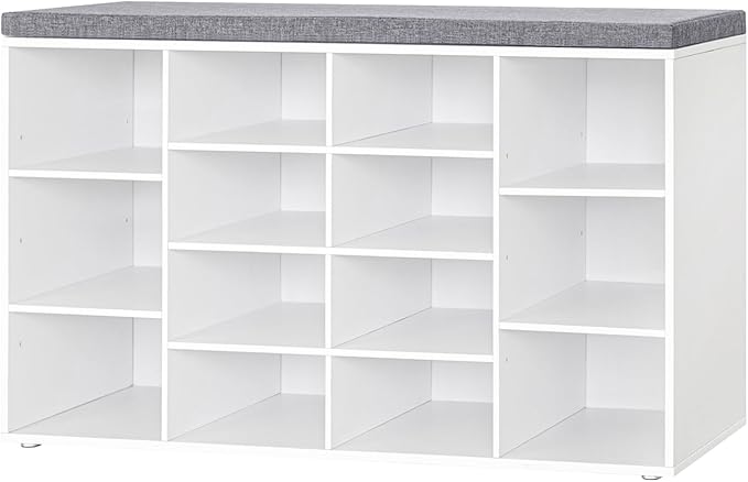 DINZI LVJ Shoe Storage Bench with Cushion, 14-Cubby Shoe Rack, Adjustable Shelves, Multifunctional Shoe Organizer Bench for Entryway, Mudroom, Hallway, Living Room, Bedroom and Garage, White-NeatNest