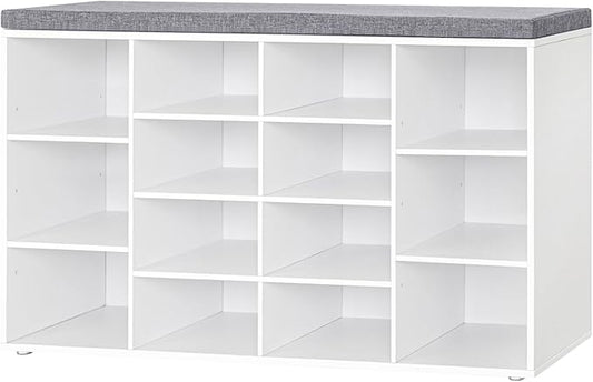 DINZI LVJ Shoe Storage Bench with Cushion, 14-Cubby Shoe Rack, Adjustable Shelves, Multifunctional Shoe Organizer Bench for Entryway, Mudroom, Hallway, Living Room, Bedroom and Garage, White-NeatNest