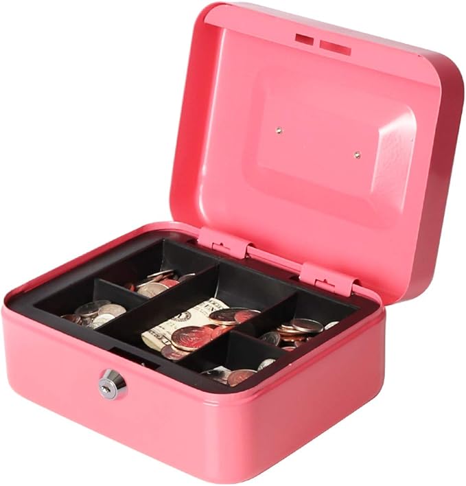 Decaller Cash Box with Money Tray, Metal Locking Money Box with Key Lock for Security, 7 4/5" x 6 4/5" x 3 3/5", Pink-NeatNest