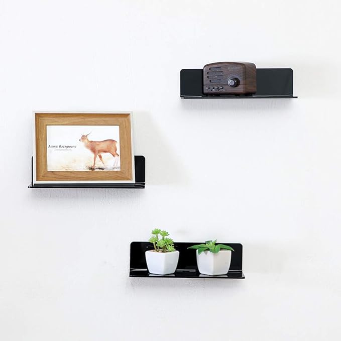 IEEK 4 PCS Small Acrylic Floating Wall Shelves,9 Inch Adhesive Display Shelf for Nintendo Switch/Smart Speaker/Security Cameras/Action Figures,No Damage Expand Wall Space,Black-NeatNest