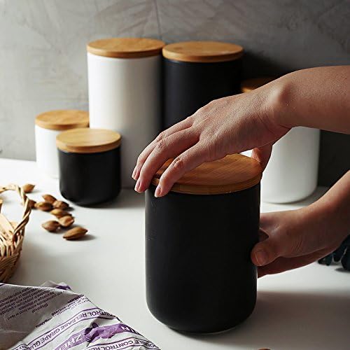 Ceramic Food Storage Jar Canister Modern Design Food Canisters with Airtight Seal Bamboo Lid,Loose Tea Coffee Spice Nuts Snacks Seasonings Storage Jar Canister Caddy (black 7.03oz/200ml)-NeatNest