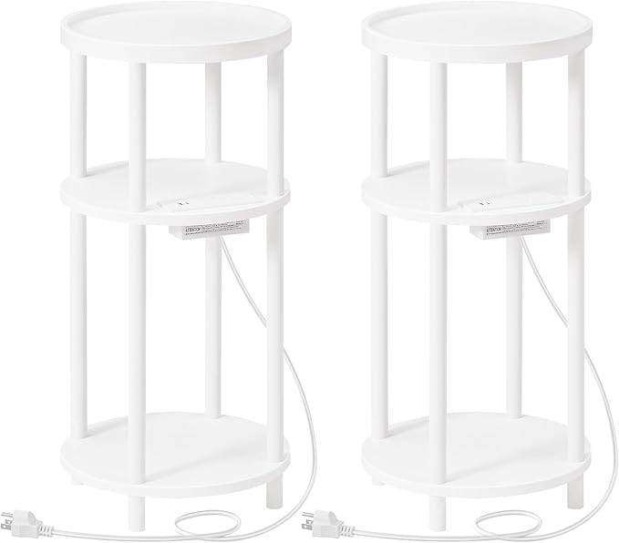 HOOBRO Set of 2 Small Round Side Tables with Charging Station, 3-Tier Round Bamboo End Tables, Easy Assembly, for Living Room, Bedroom, Apartment, White WT152UBZP201