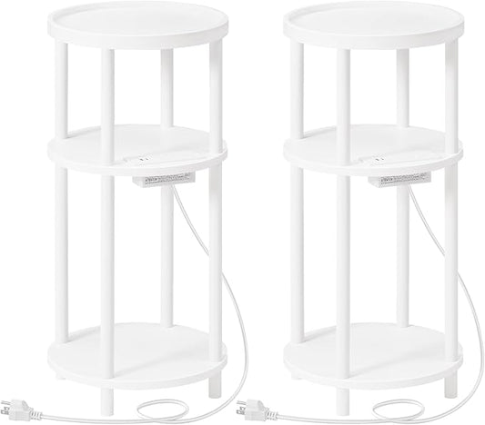 HOOBRO Set of 2 Small Round Side Tables with Charging Station, 3-Tier Round Bamboo End Tables, Easy Assembly, for Living Room, Bedroom, Apartment, White WT152UBZP201