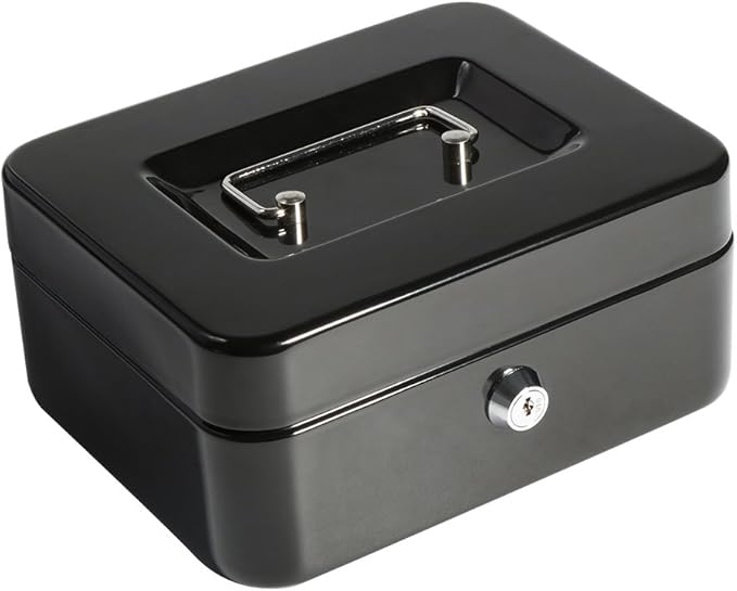 Decaller Cash Box with Money Tray, Metal Locking Money Box with Key Lock for Security, 7 4/5" x 6 4/5" x 3 3/5", Black, QH2003S-NeatNest