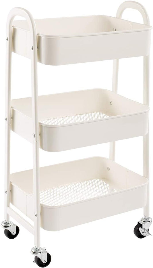 AGTEK Makeup Cart, Movable Rolling Organizer Cart, White 3 Tier Metal Utility Cart-NeatNest