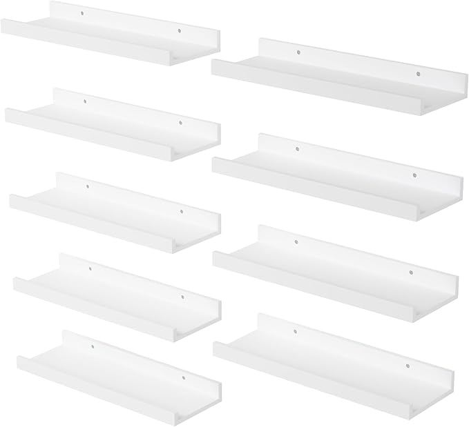 Floating Shelves Set of 9, White Wall Shelves with Lip, Display Shelves for Wall Decor, Modern Picture Ledge for Living Room, Bedroom, Nursery, Bathroom, Pictures, Books, Plants- White-NeatNest
