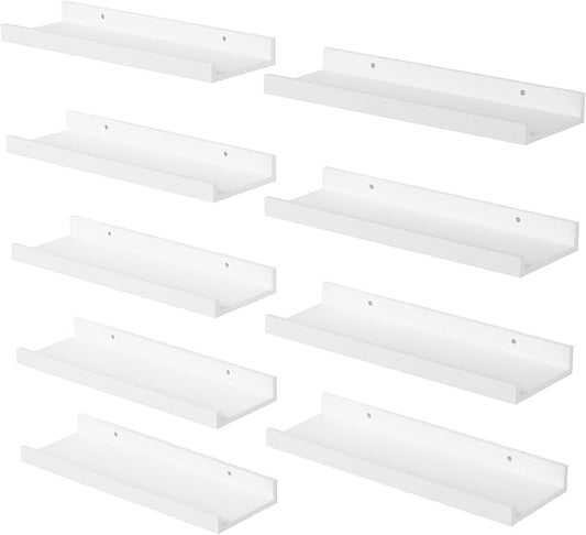 Floating Shelves Set of 9, White Wall Shelves with Lip, Display Shelves for Wall Decor, Modern Picture Ledge for Living Room, Bedroom, Nursery, Bathroom, Pictures, Books, Plants- White-NeatNest