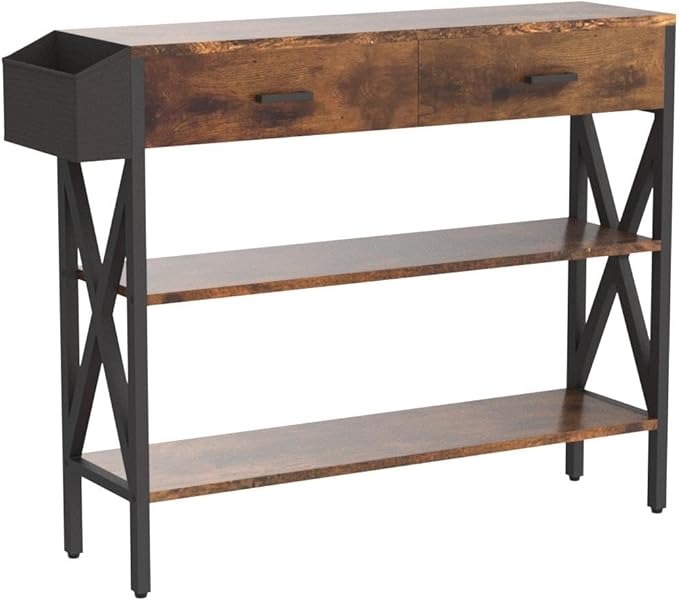 Gizoon 39" Entryway Table with 2 Drawers and 3 Tier Storage Shelves, Industrial Narrow Long Sofa Table, Farmhouse Style Console Table for Living Room, Hallway, Couch, Small Spaces - Rustic Brown-NeatNest