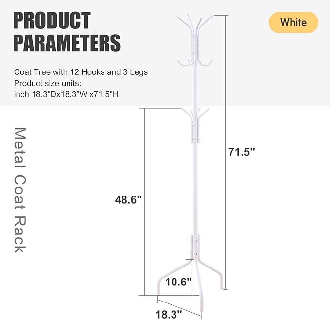 Coat Rack Freestanding for entryway,Living Room,Bedroom,Metal coat tree with12 Hooks and 3 Legs,hat stand (White)-NeatNest