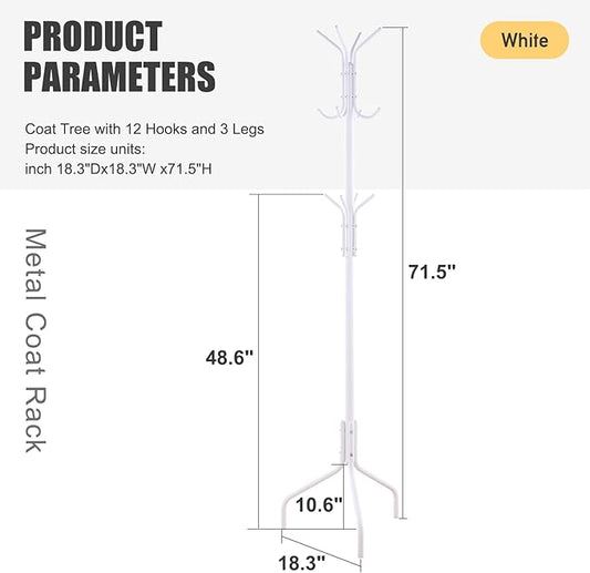 Coat Rack Freestanding for entryway,Living Room,Bedroom,Metal coat tree with12 Hooks and 3 Legs,hat stand (White)-NeatNest